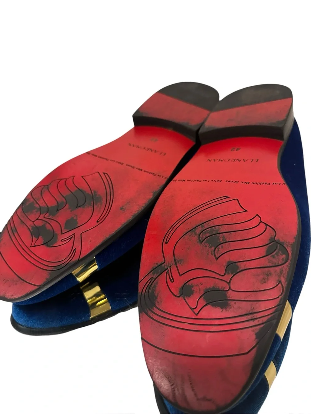 Men's Velvet Slip-On Loafers in Royal Blue with Gold Accents